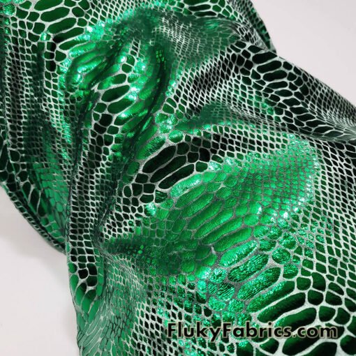 Emerald Green Metallic Exotic Dragon Scales Foil on Olive Green Crushed Ice Velvet 4-Way Stretch Fabric