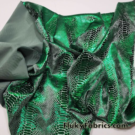 Emerald Green Metallic Exotic Dragon Scales Foil on Olive Green Crushed Ice Velvet 4-Way Stretch Fabric