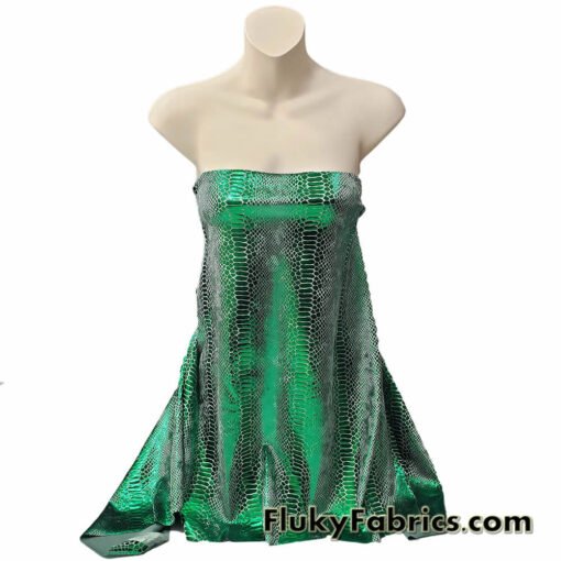 Emerald Green Metallic Exotic Dragon Scales Foil on Olive Green Crushed Ice Velvet 4-Way Stretch Fabric
