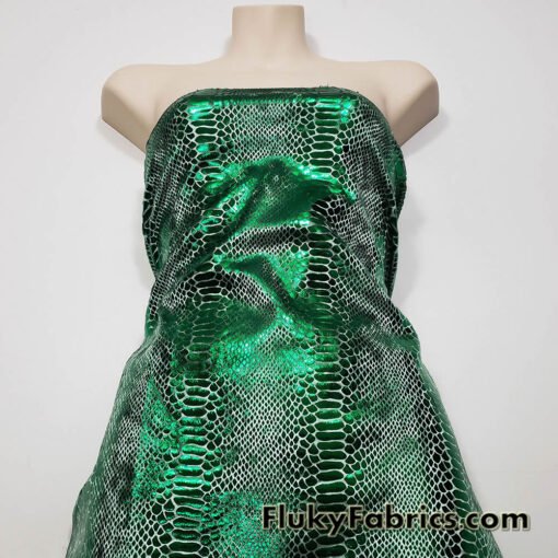Emerald Green Metallic Exotic Dragon Scales Foil on Olive Green Crushed Ice Velvet 4-Way Stretch Fabric
