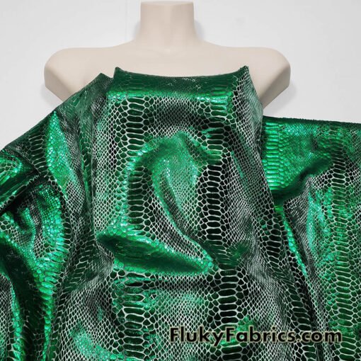Emerald Green Metallic Exotic Dragon Scales Foil on Olive Green Crushed Ice Velvet 4-Way Stretch Fabric