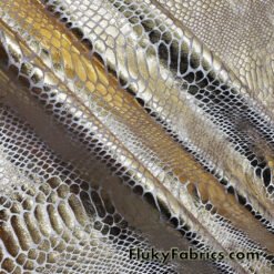 Exotic Dragon Scales Gold Metallic Foil on Champagne Crushed Ice Velvet 4-Way Stretch Fabric by The Yard at flukyfabrics.com