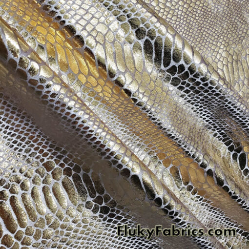 Exotic Dragon Scales Gold Metallic Foil on Champagne Crushed Ice Velvet 4-Way Stretch Fabric