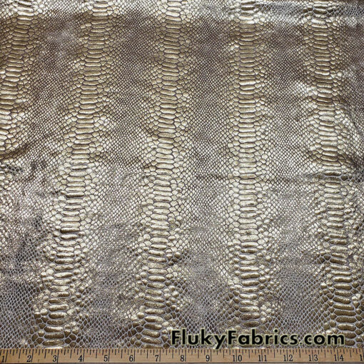 Exotic Dragon Scales Gold Metallic Foil on Champagne Crushed Ice Velvet 4-Way Stretch Fabric
