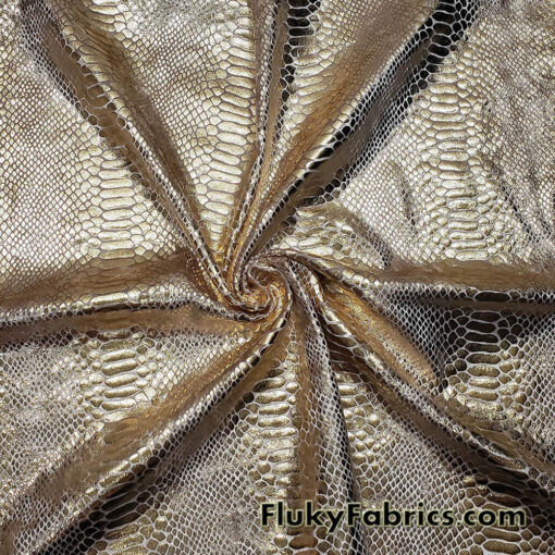 Exotic Dragon Scales Gold Metallic Foil on Champagne Crushed Ice Velvet 4-Way Stretch Fabric