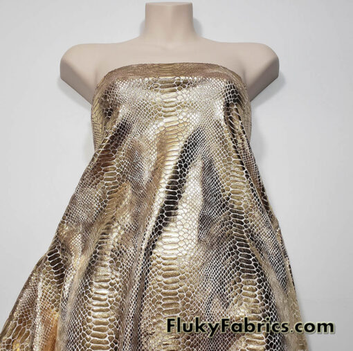 Exotic Dragon Scales Gold Metallic Foil on Champagne Crushed Ice Velvet 4-Way Stretch Fabric