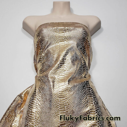 Exotic Dragon Scales Gold Metallic Foil on Champagne Crushed Ice Velvet 4-Way Stretch Fabric