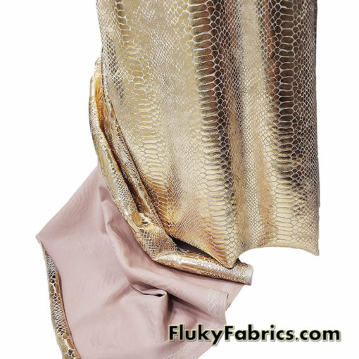 Exotic Dragon Scales Gold Metallic Foil on Champagne Crushed Ice Velvet 4-Way Stretch Fabric