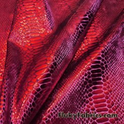 Metallic Exotic Dragon Scales Red Foil on Burgundy Crushed Ice Velvet 4-Way Stretch Fabric at flukyfabrics.com