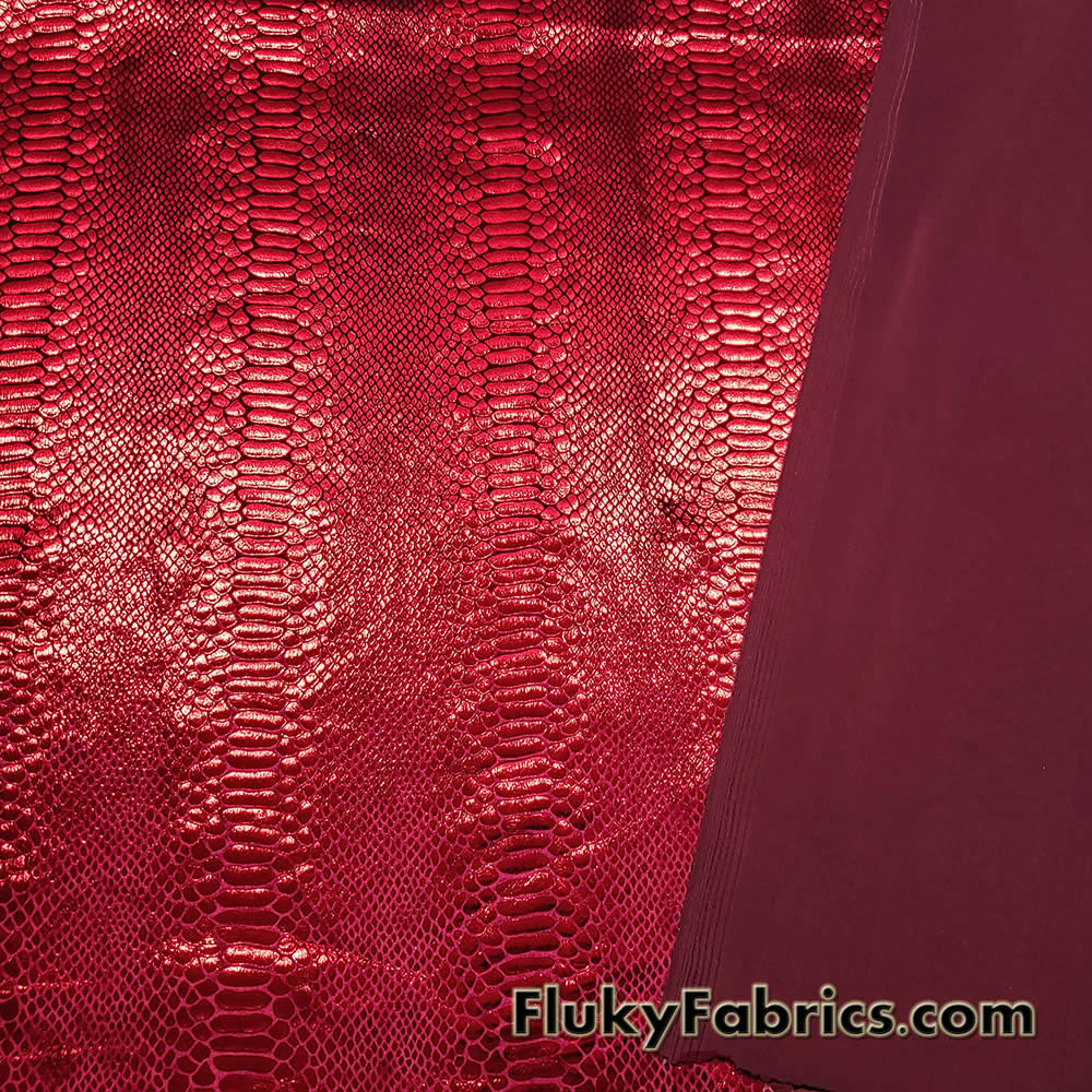 Metallic Exotic Dragon Scales Red Foil on Burgundy Crushed Ice Velvet 4-Way Stretch  Fabric by The Yard 