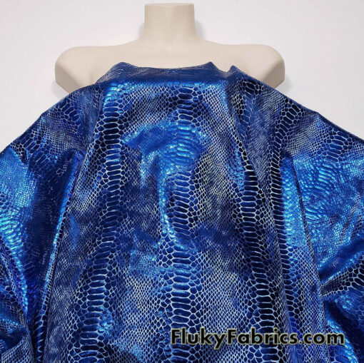 Metallic Royal Blue Exotic Dragon Scales Foil on Dusty Royal Blue Crushed Ice Velvet 4-Way Stretch Fabric