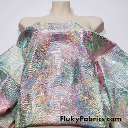 Multicolor Pastel Foil Metallic Exotic Dreamy Dragon Scales on Tie Dye 4-Way Stretch Crushed Ice Velvet Fabric