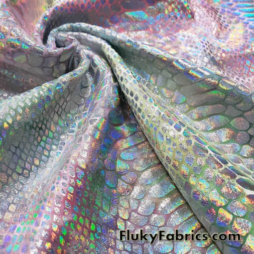 Multicolor Pastel Foil Metallic Exotic Dreamy Dragon Scales on Tie Dye 4-Way Stretch Crushed Ice Velvet Fabric