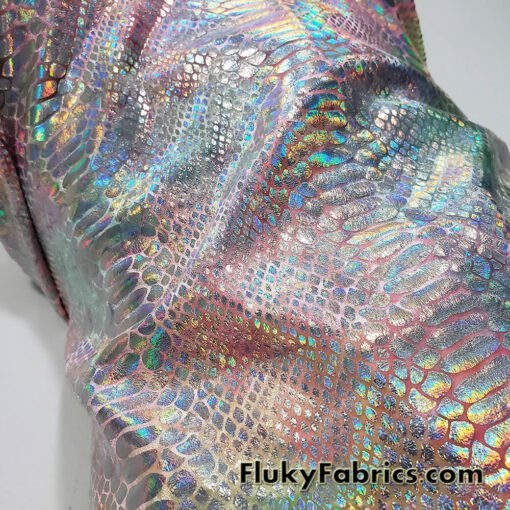 Multicolor Pastel Foil Metallic Exotic Dreamy Dragon Scales on Tie Dye 4-Way Stretch Crushed Ice Velvet Fabric