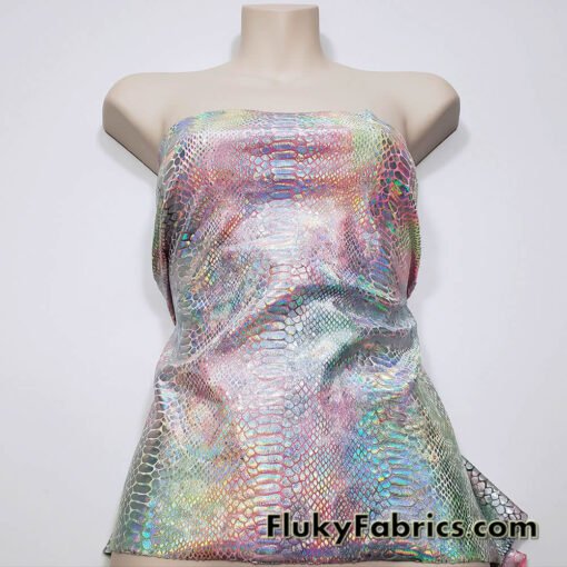 Multicolor Pastel Foil Metallic Exotic Dreamy Dragon Scales on Tie Dye 4-Way Stretch Crushed Ice Velvet Fabric