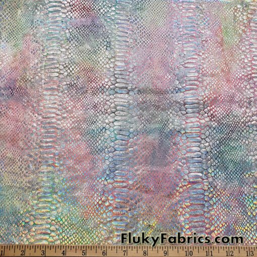 Multicolor Pastel Foil Metallic Exotic Dreamy Dragon Scales on Tie Dye 4-Way Stretch Crushed Ice Velvet Fabric