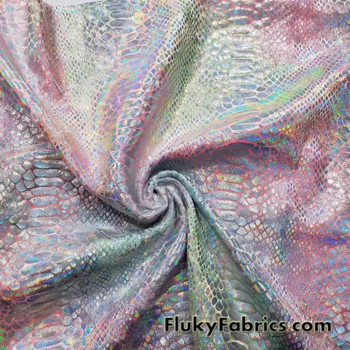 Multicolor Pastel Foil Metallic Exotic Dreamy Dragon Scales on Tie Dye 4-Way Stretch Crushed Ice Velvet Fabric