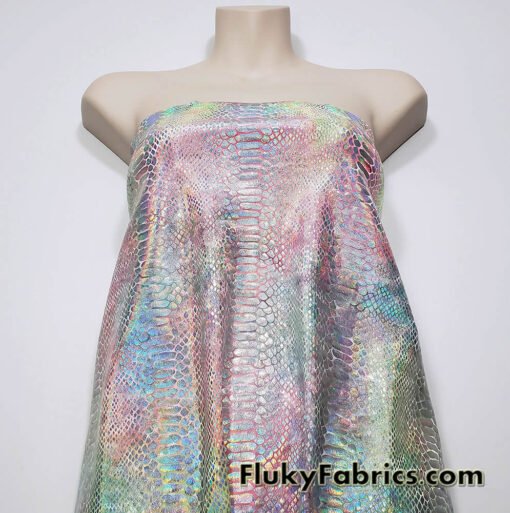 Multicolor Pastel Foil Metallic Exotic Dreamy Dragon Scales on Tie Dye 4-Way Stretch Crushed Ice Velvet Fabric
