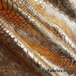 Ochre Foil Metallic Exotic Dragon Scales on Copper 4-Way Stretch Crushed Ice Velvet Fabric by The Yard at flukyfabrics.com
