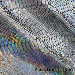 Suncatcher Metallic Exotic Iridescent Dragon Scales on Charcoal Crushed Ice Velvet Fabric at flukyfabrics.com