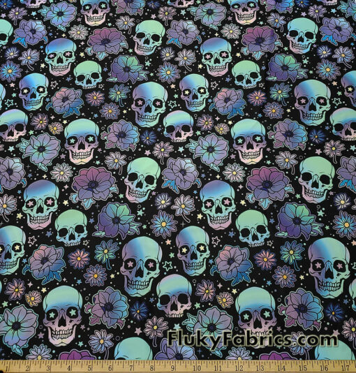 Hippie Halloween Skulls and Flowers Print 4-Way Stretch Poly Spandex Fabric
