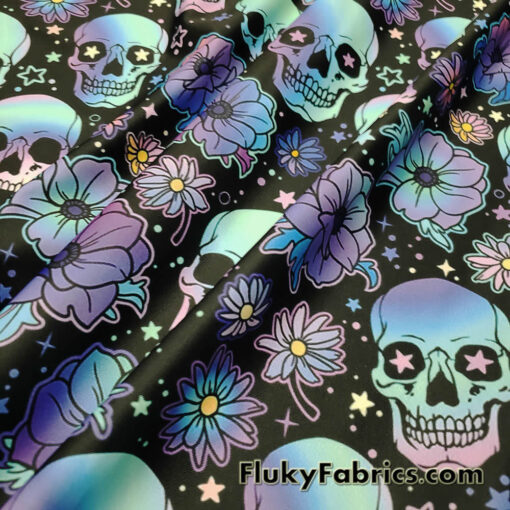 Hippie Halloween Skulls and Flowers Print 4-Way Stretch Poly Spandex Fabric
