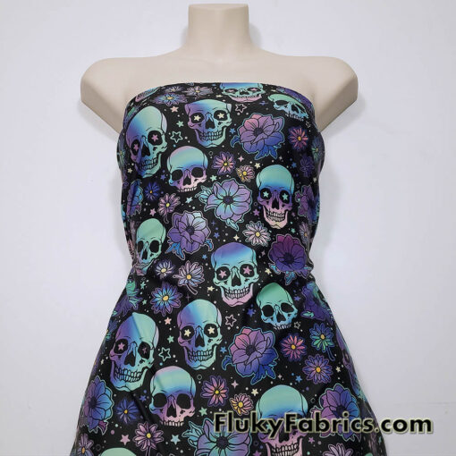 Hippie Halloween Skulls and Flowers Print 4-Way Stretch Poly Spandex Fabric