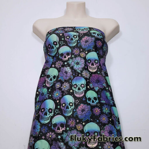 Hippie Halloween Skulls and Flowers Print 4-Way Stretch Poly Spandex Fabric
