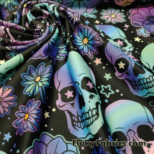 Hippie Halloween Skulls and Flowers Print 4-Way Stretch Poly Spandex Fabric