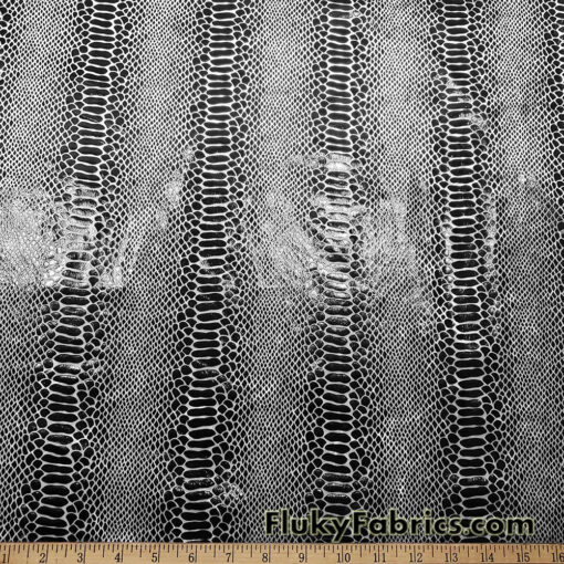 Black on White Exotic Dragon Scales Black Foil on White Crushed Ice Velvet 4-Way Stretch Fabric