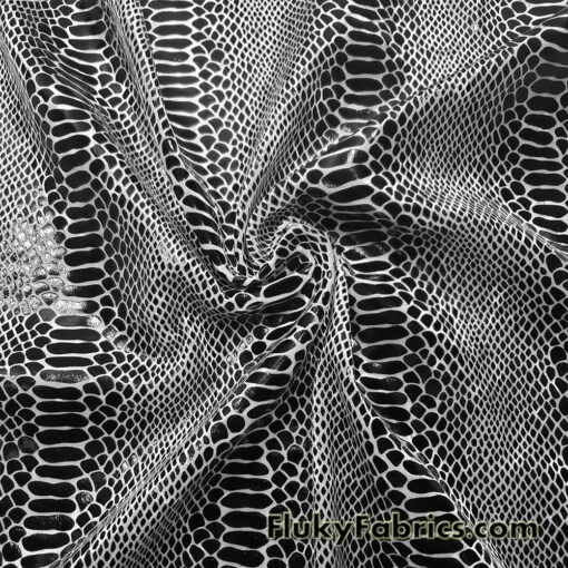 Black on White Exotic Dragon Scales Black Foil on White Crushed Ice Velvet 4-Way Stretch Fabric