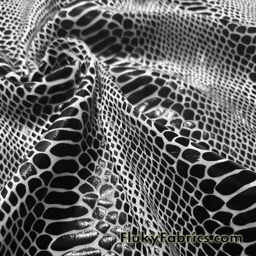 Black on White Exotic Dragon Scales Black Foil on White Crushed Ice Velvet 4-Way Stretch Fabric
