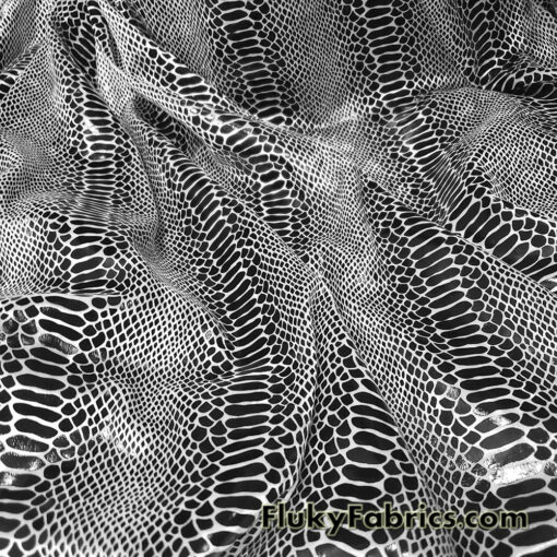 Black on White Exotic Dragon Scales Black Foil on White Crushed Ice Velvet 4-Way Stretch Fabric