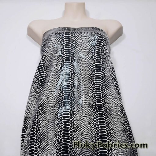 Black on White Exotic Dragon Scales Black Foil on White Crushed Ice Velvet 4-Way Stretch Fabric