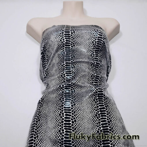 Black on White Exotic Dragon Scales Black Foil on White Crushed Ice Velvet 4-Way Stretch Fabric