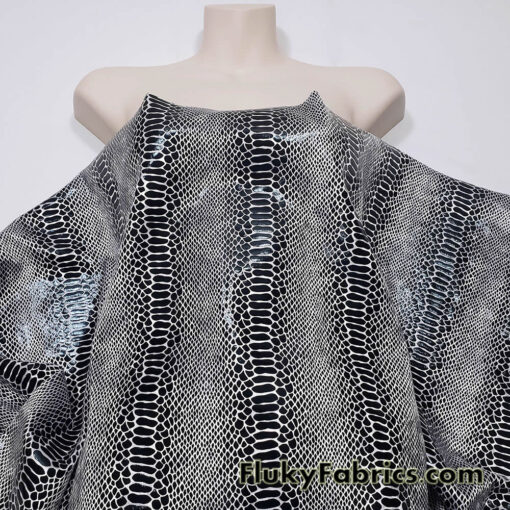 Black on White Exotic Dragon Scales Black Foil on White Crushed Ice Velvet 4-Way Stretch Fabric