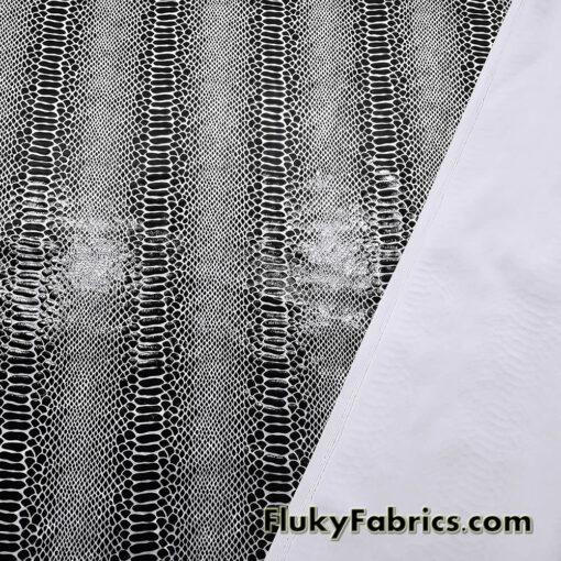 Black on White Exotic Dragon Scales Black Foil on White Crushed Ice Velvet 4-Way Stretch Fabric
