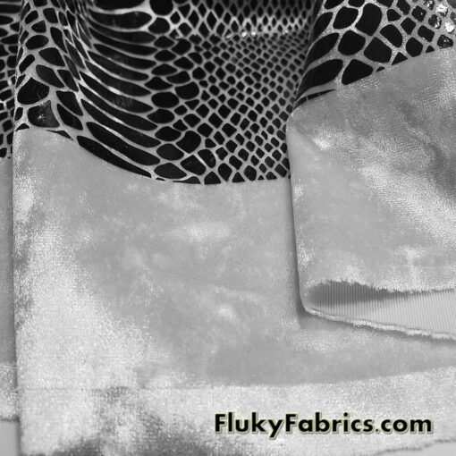 Black on White Exotic Dragon Scales Black Foil on White Crushed Ice Velvet 4-Way Stretch Fabric