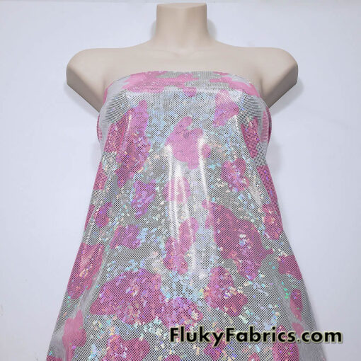 Pink and White Cow Print 4-Way Stretch Fabric with a Shattered Glass Rainbow Metallic Foil Micro Dots