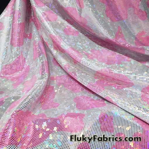 Pink and White Cow Print 4-Way Stretch Fabric with a Shattered Glass Rainbow Metallic Foil Micro Dots