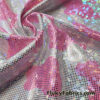Pink and White Cow Print 4-Way Stretch Fabric with a Shattered Glass Rainbow Metallic Foil Micro Dots