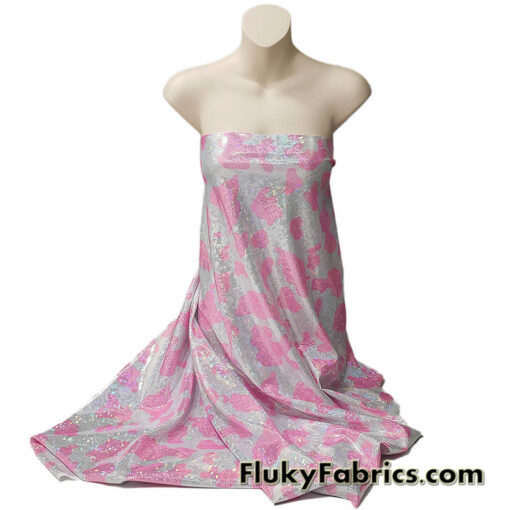 Pink and White Cow Print 4-Way Stretch Fabric with a Shattered Glass Rainbow Metallic Foil Micro Dots