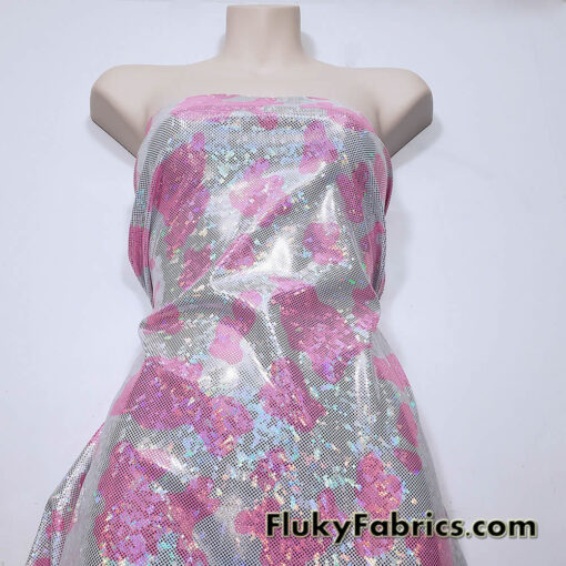 Pink and White Cow Print 4-Way Stretch Fabric with a Shattered Glass Rainbow Metallic Foil Micro Dots