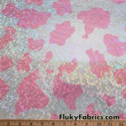 Pink and White Cow Print 4-Way Stretch Fabric with a Shattered Glass Rainbow Metallic Foil Micro Dots @flukyfabrics.com