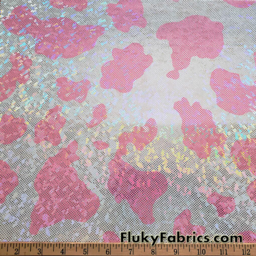 Pink and White Cow Print 4-Way Stretch Fabric with a Shattered Glass Rainbow Metallic Foil Micro Dots