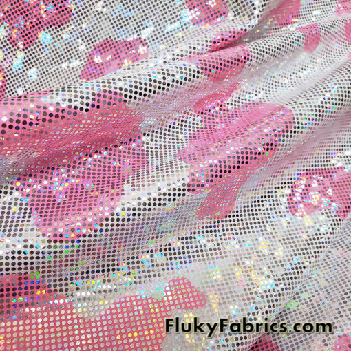 Pink and White Cow Print 4-Way Stretch Fabric with a Shattered Glass Rainbow Metallic Foil Micro Dots