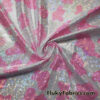 Pink and White Cow Print 4-Way Stretch Fabric with a Shattered Glass Rainbow Metallic Foil Micro Dots
