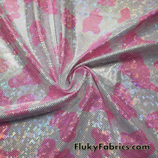 Pink and White Cow Print 4-Way Stretch Fabric with a Shattered Glass Rainbow Metallic Foil Micro Dots