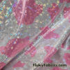 Pink and White Cow Print 4-Way Stretch Fabric with a Shattered Glass Rainbow Metallic Foil Micro Dots