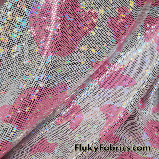Pink and White Cow Print 4-Way Stretch Fabric with a Shattered Glass Rainbow Metallic Foil Micro Dots
